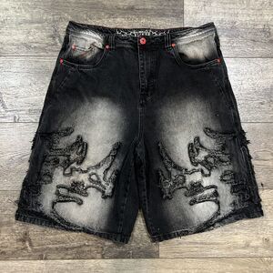 CRAZY Vitriol Black Distressed Wash Super Wide Jorts Shorts Grunge Goth Skate 38